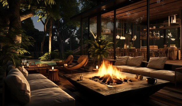 Luxurious outdoor living space with fire pit and pond surrounded by lush greenery and modern