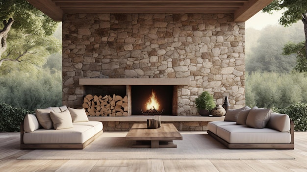 Luxurious outdoor living space with stone fireplace