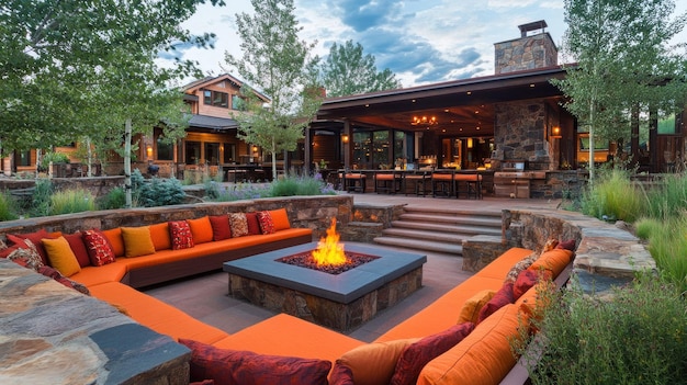 luxurious outdoor patio with fire pit and seating