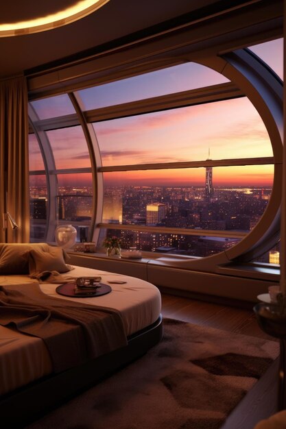 Luxurious penthouse suite with a panoramic window created with generative ai