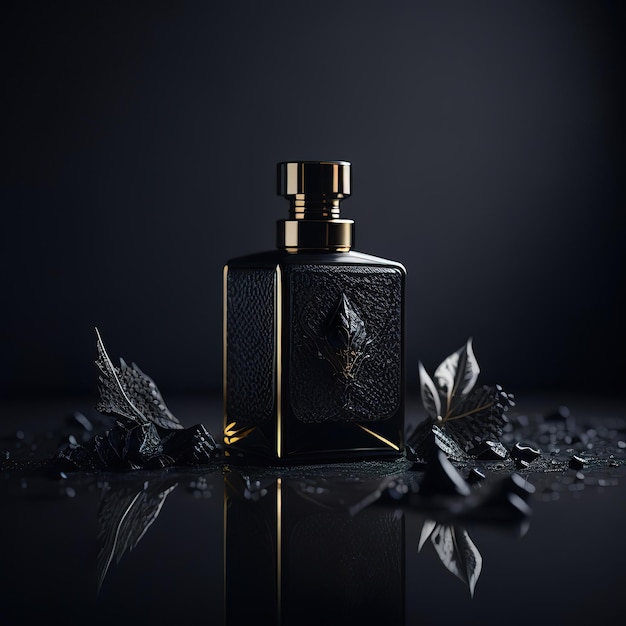 Luxurious perfume bottle with black details on a dark background