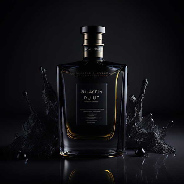 Luxurious perfume bottle with black details on a dark background