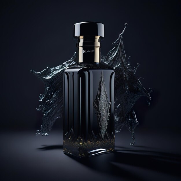 Luxurious perfume bottle with black details on a dark background