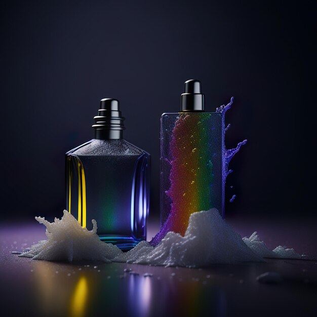 Luxurious perfume bottle with colored details on a dark background