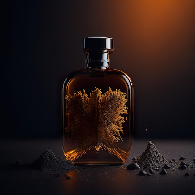 Luxurious perfume bottle with orange details on a dark background