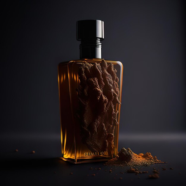 Luxurious perfume bottle with orange details on a dark background