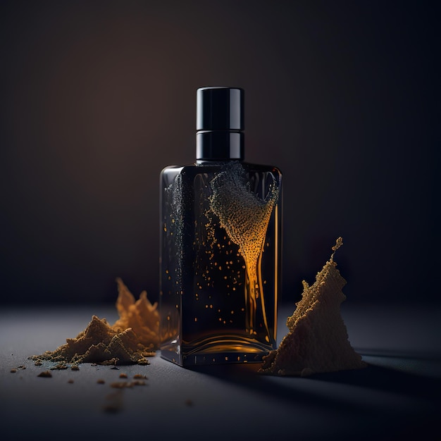 Luxurious perfume bottle with orange details on a dark background