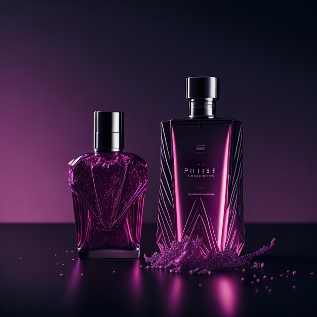 Luxurious perfume bottle with pink details on a dark background
