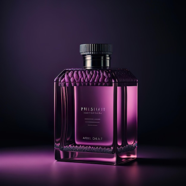 Luxurious perfume bottle with pink details on a dark background