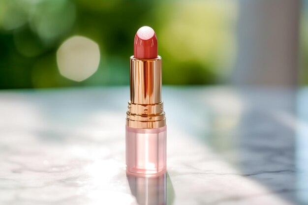 Luxurious pink lipstick in golden tube on marble beauty cosmetic and luxury makeup product generative ai