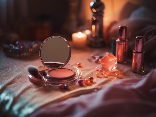 Photo luxurious pink make up and perfume set on the pink table generative ai