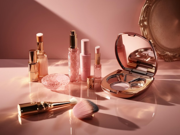 Luxurious pink make up and perfume set on the pink table Generative AI