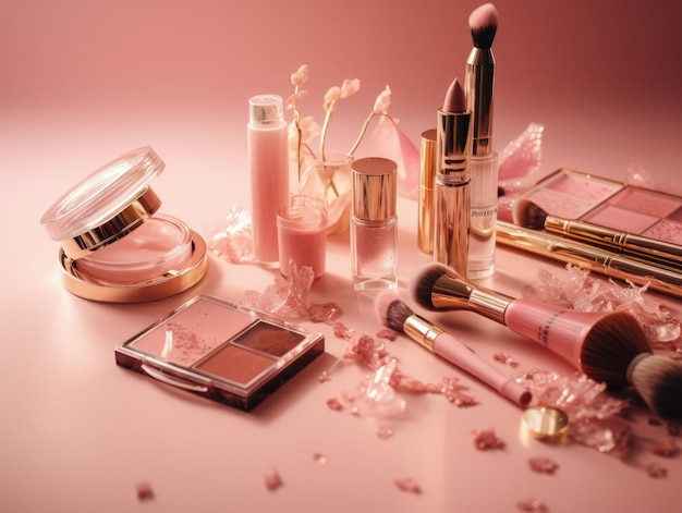 Luxurious pink make up and perfume set on the pink table Generative AI