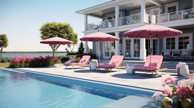 Luxurious Poolside Patio with Pink Lounge Chairs and Umbrellas