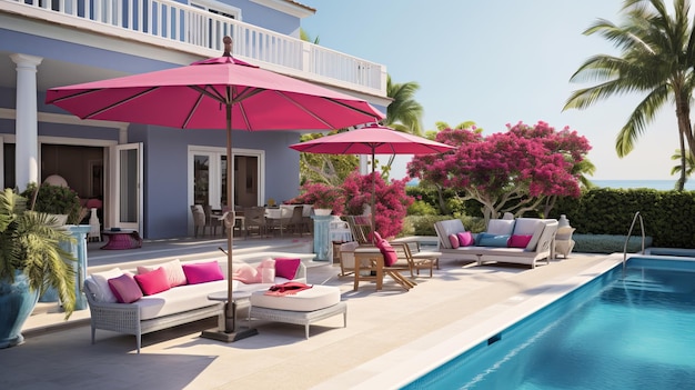 Luxurious Poolside Patio with Pink Umbrellas and Bougainvillea