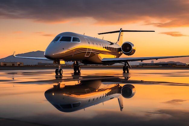 Luxurious private jet parked on the tarmac during sunset golden reflections on the fuselage plush