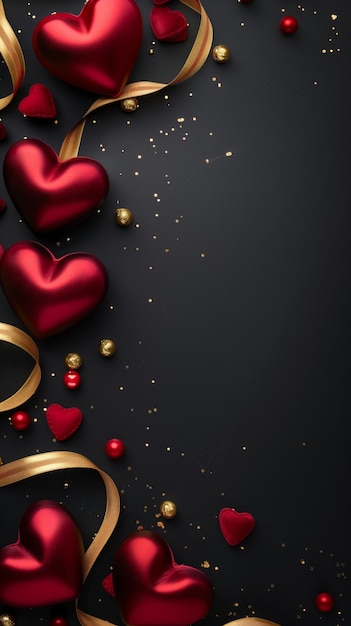 Фото Роскошные красные сердца и золотые ленты на темном фоне с праздничными акцентами