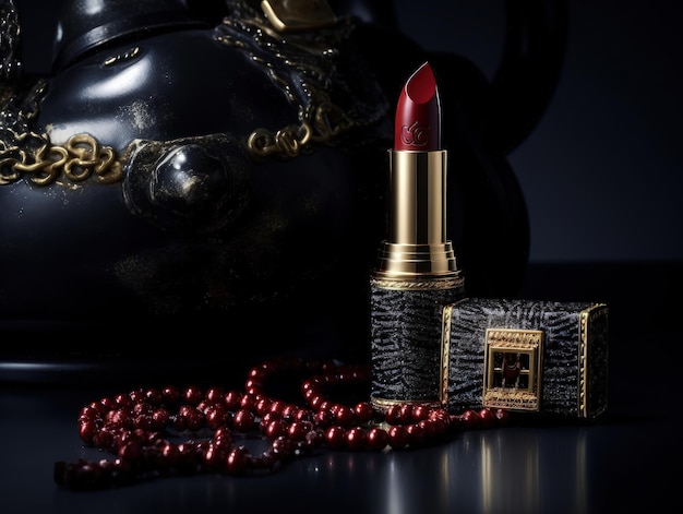 Photo luxurious red lipstick on dark background generative ai