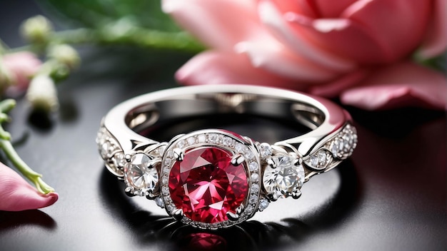 豪華な赤いルビー宝石石のバラと花の植物の背景を持つ金色と銀のリング