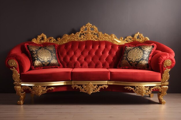 Photo luxurious red sofa with golden carved legs isolated on background