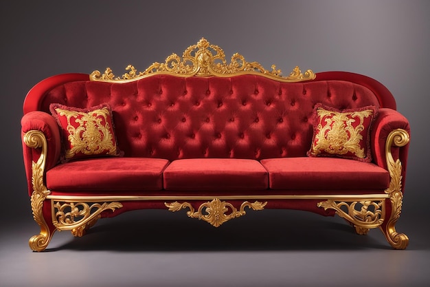 Photo luxurious red sofa with golden carved legs isolated on background