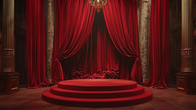 Photo a luxurious red velvet curtain is pulled back to reveal a raised platform with a golden spotlight