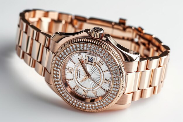 Luxurious rose gold watch with a diamondstudded bezel epitomizes timeless glamour and refinement