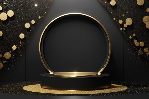 검은색 빈 방에서 황금빛 반 ⁇ 이는 럭셔리한 둥근 검은색 포디움 화장품의 프레젠테이션을 위한 3D 모양의 추상  ⁇ 터 렌더링 미니 무대 스튜디오
