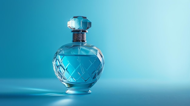 Photo a luxurious round glass perfume bottle with a crystal cap is placed on a blue background the bottle is halffull of a light blue liquid