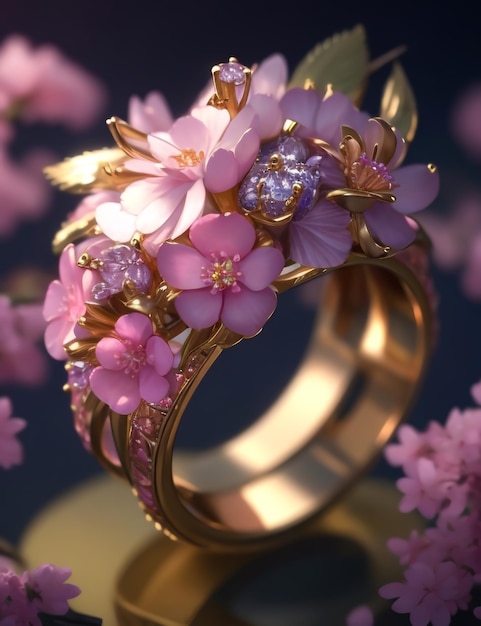 A luxurious sakura themed ring adorned with gemstones and diamonds