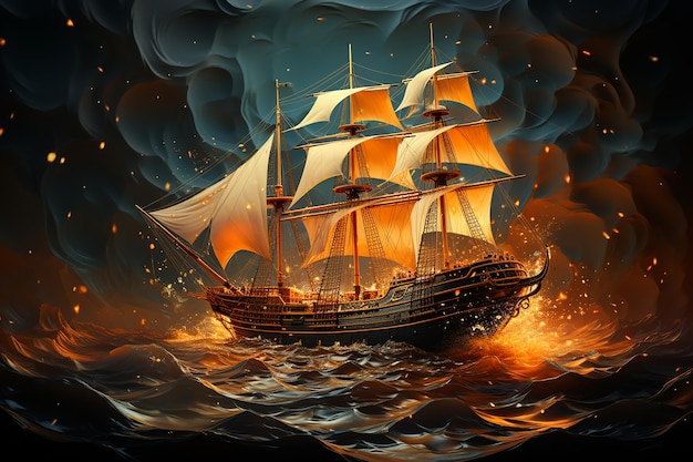 Luxurious Ship with Square Sails on Golden Abstract