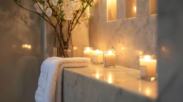 A luxurious spa bathroom boasts alcoves with marble walls each lit with a single candle to create a