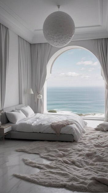Foto interni lussuosi e spaziosi della camera da letto in tutto il minimalismo delle decorazioni bianche con la spiaggia come sfondo