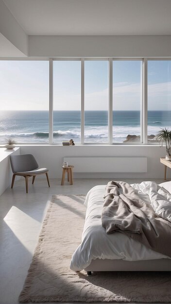 Luxurious spacious bedroom interior in all white decoration minimalism with beach as background