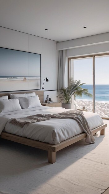 Luxurious spacious bedroom interior in all white decoration minimalism with beach as background