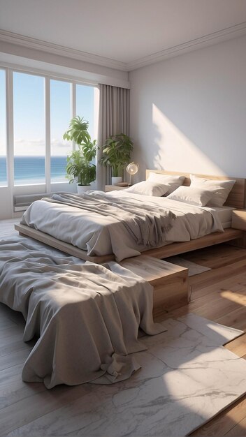 Роскошный просторный интерьер спальни в белом минимализме с пляжем на заднем плане