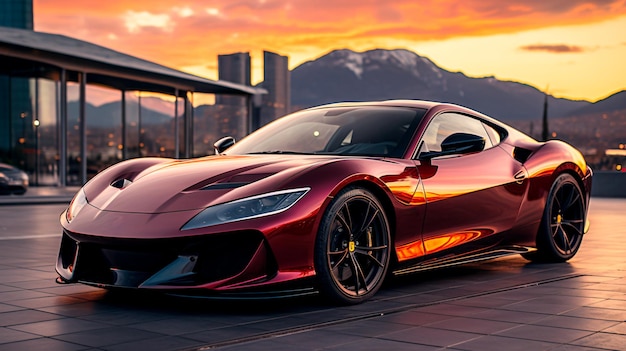 Photo luxurious sports car at sunset cityscape