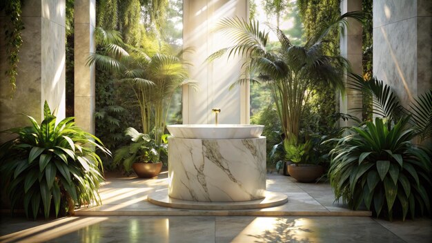 Photo luxurious stonemarble pedestal basks in foliage gobo sunlight