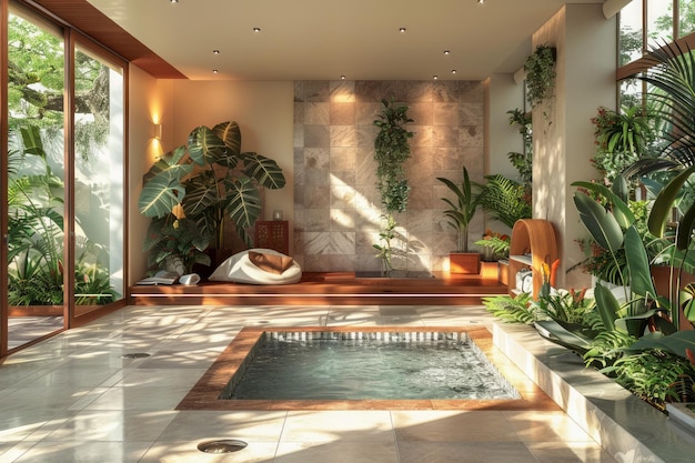 Photo luxurious sunlit home spa interior with indoor pool and lush greenery