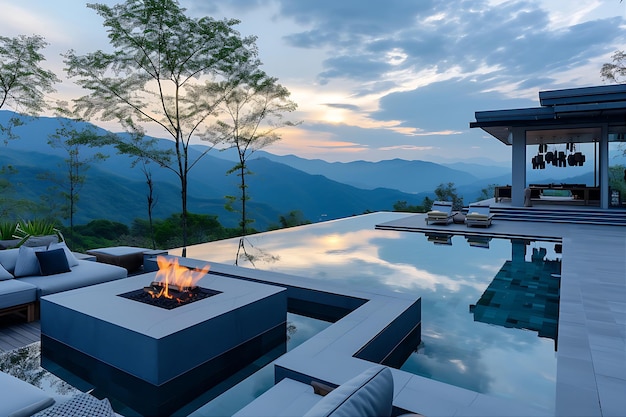 Luxurious Swimming Pool Adorned with Fire Pit and Plants