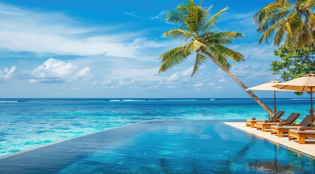写真 豪華なスイミングプールとランジャー ビーチと海の近くの傘とナツメヤシの木