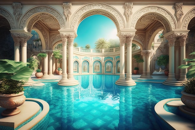 Foto lussuosa piscina immersa nel verde e dall'arredamento elegante la piscina è grande e presenta un'acqua blu cristallina e scintillante l'area è adornata con sedie a sdraio ombrelloni ai