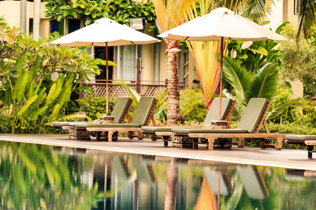 Luxurious swimming pool in a tropical garden Thailand.