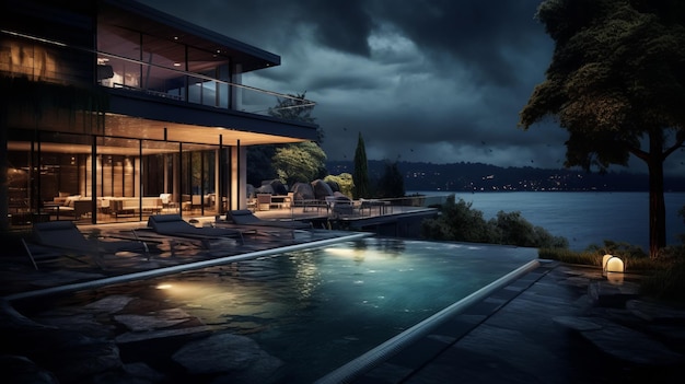 A luxurious swimming pool with a stunning house in the background