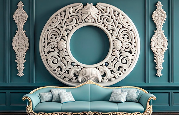 Luxurious Teal Living Room with Ornate Plaster Frame and Topiary