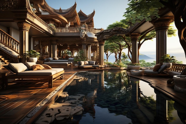 luxurious Thai wooden villa featuring a private infinity pool that overlooks the adjacent rice field