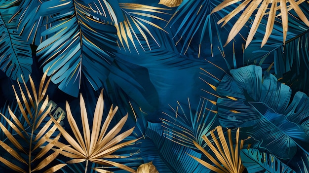 Photo luxurious tropical foliage with golden geometric accents on midnight blue backdrop