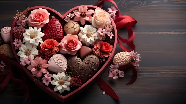 Роскошные шоколадки Валентина в нежной подарочной коробке в форме сердца и цветы с местом для копирования