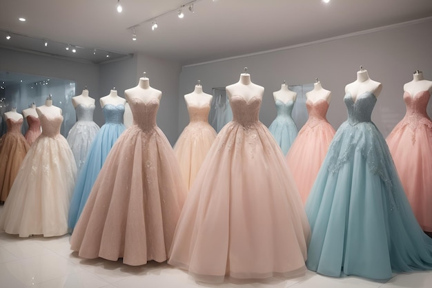 luxurious various ball gowns on mannequins in the store