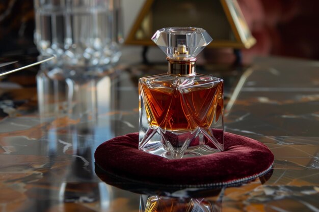 Luxurious velvet coaster under a vintage perfume bottle